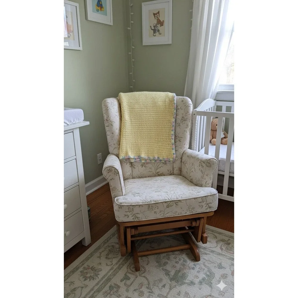 vintage hand crocheted sunny yellow‎ baby blanket afghan pink blue cottage